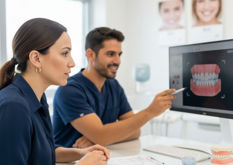 ortodontista spiega a paziente 40enne le opzioni di ortodonzia per adulti